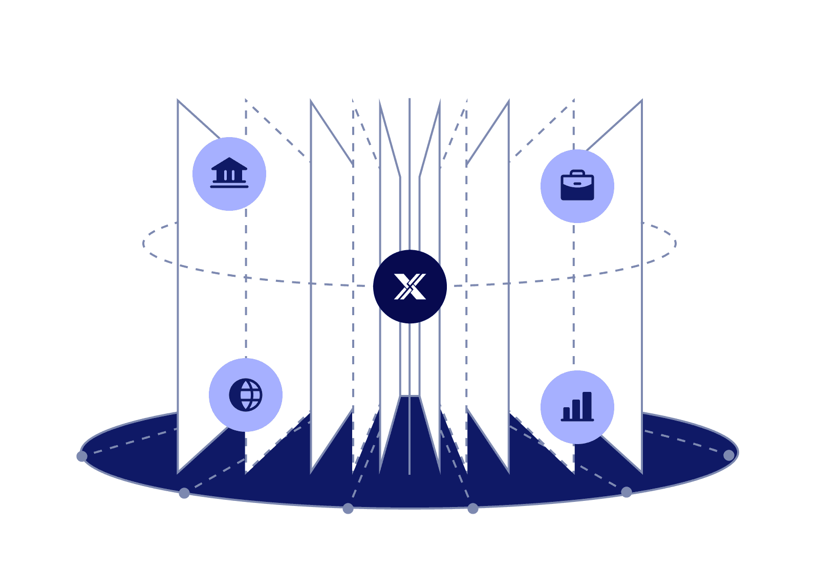 A metallic coin cluster representing multi-rail coordination
